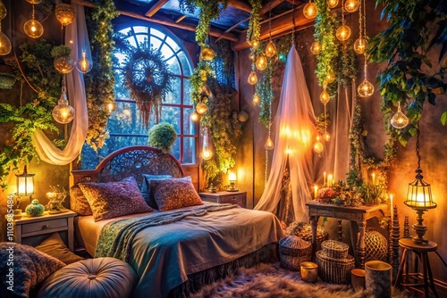 Whimsical Enchanted Bedroom with Glowing Lights and Magical Decor for a Cozy Fantasy Home Atmosphere