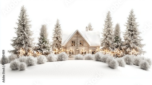 Winter Wonderland - 3D Render of Cozy Cabin in Snowy Landscape with Twinkling Lights, Holiday Season Concept on Isolated Background