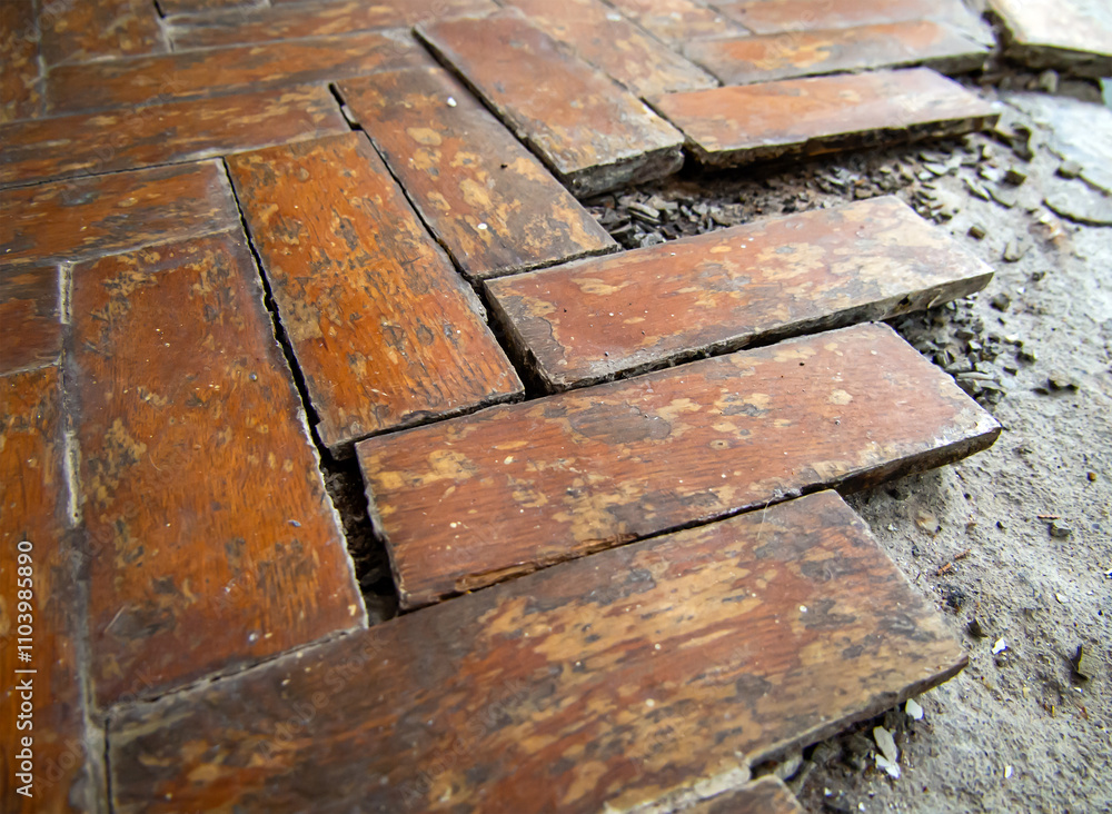 Old peeling parquet laid on a concrete floor (Shallow depth of field) Old peeling parquet laid on a concrete floor (Shallow depth of field)