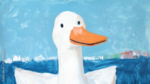 A child's drawing of an oil painting of a white duck with an orange bill and beak, a blue background, loose brush strokes, naive art style