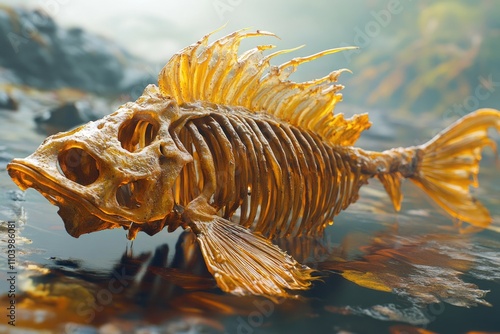 A skeleton fish sits atop a calm water surface, perfect for illustrations and designs related to death, aquatic life, or eerie scenes photo