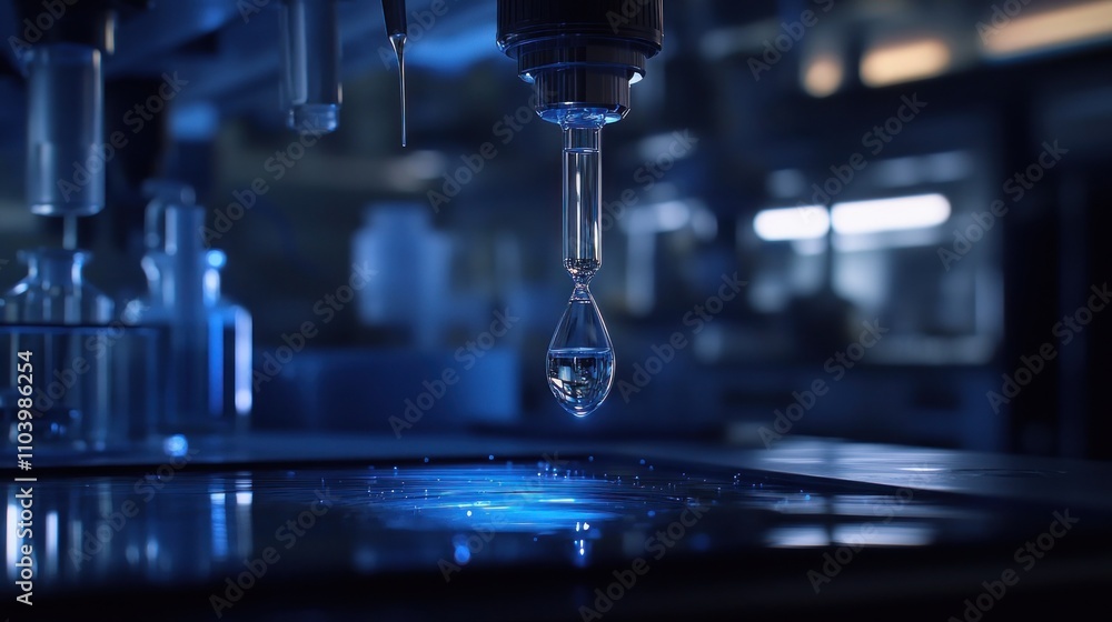 Laboratory scene with a pipette and liquid droplet. Laboratory scene with a pipette and liquid droplet.