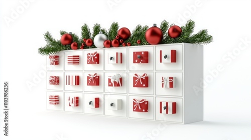 Festive 3D Render of Ultra-Detailed Advent Calendar with Drawers Filled with Christmas Surprises on Isolated White Background