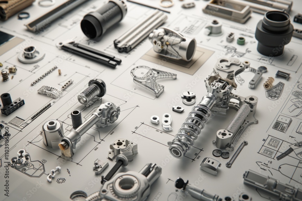 Fototapeta premium An array of metallic industrial parts on a blueprint.