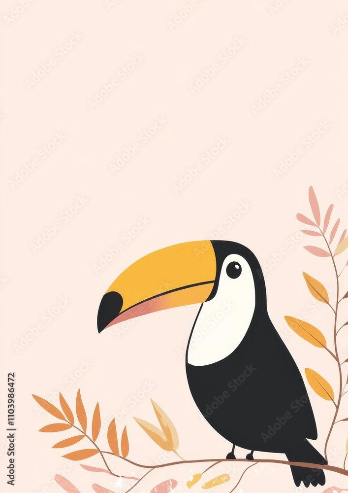 Fototapeta premium A cute toucan bird set against a light pink background with a clean, empty space simple clean lines minimalist style nursery illustration