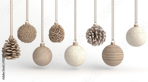 Ultra-Detailed 3D Render of Handmade Rustic Holiday Ornaments with Natural Materials on Isolated White Background