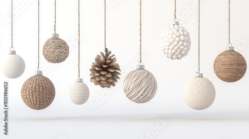 Exquisite 3D Render of Handmade Holiday Ornaments with Rustic Designs and Textures on Isolated White Background, Ultra-Detailed Craftsmanship