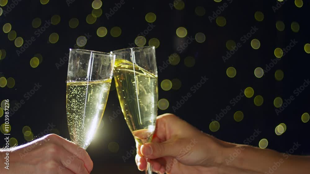 Two hands giving a toast with champagne glasses on a black background ...