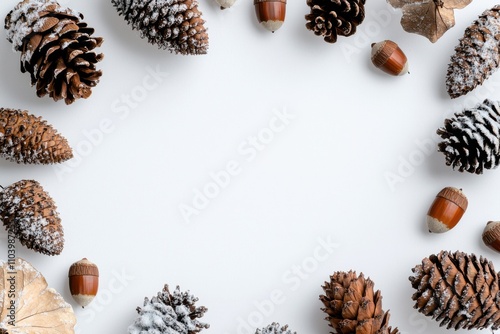 Christmas background, A circular arrangement of pinecones, acorns, and natural elements on a light background, creating a rustic, seasonal aesthetic.