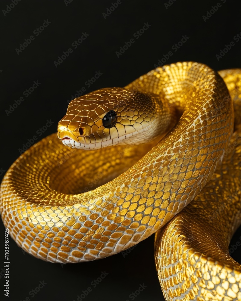 Obraz premium A golden snake, coiled in an elegant and graceful pose, against a black background, its scales shimmering with intricate patterns of gold leaf