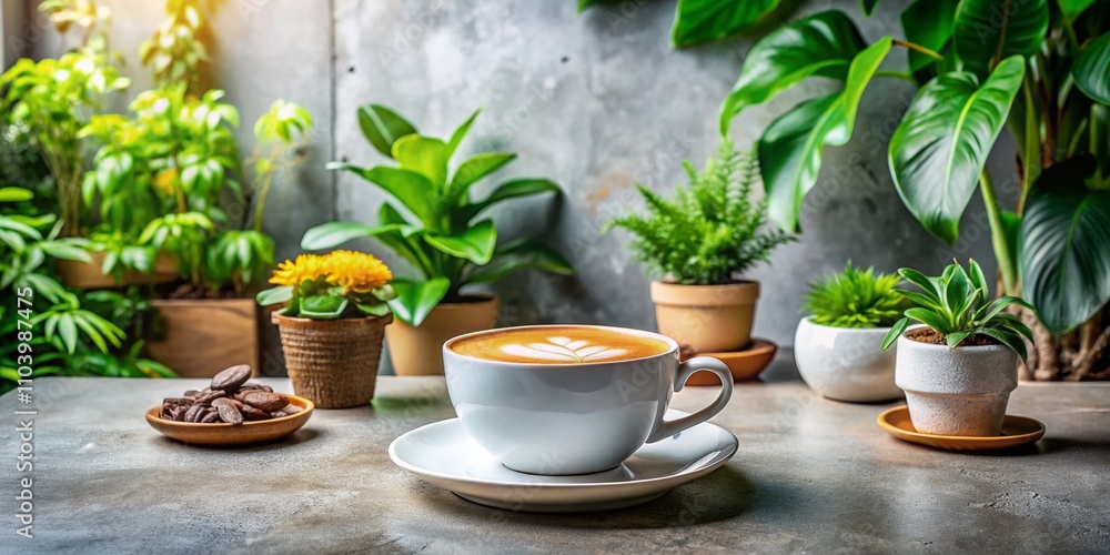 White Coffee in a Modern Plant-Based Cafe Surrounded by Lush Greenery and Concrete Textures, Promoting a Health-Conscious and Fair Trade Ambiance White Coffee in a Modern Plant-Based Cafe Surrounded by Lush Greenery and Concrete Textures, Promoting a Health-Conscious and Fair Trade Ambiance