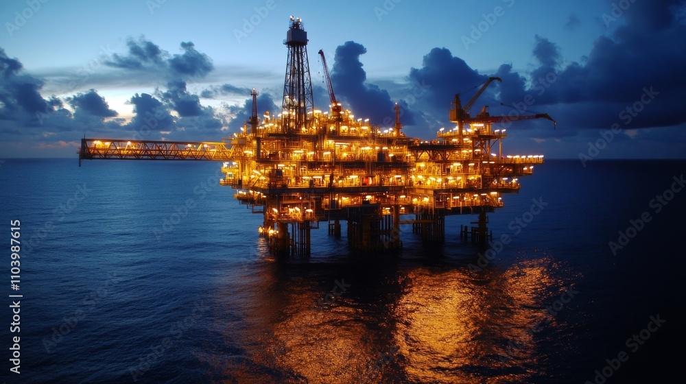 Obraz premium Offshore oil platform illuminated at dusk with dramatic sky over calm waters