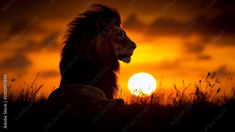 A lion's silhouette with the setting sun in the background A lion's silhouette with the setting sun in the background