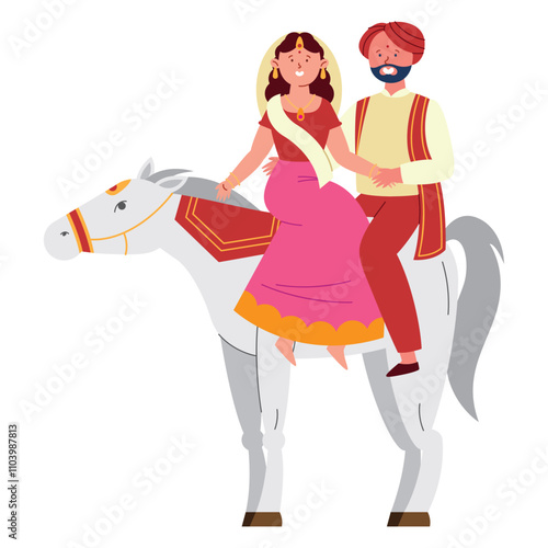 wedding couple riding hindu horse