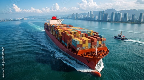 A large container ship sailing on the sea, with cargo containers stacked high and blue water in front of it