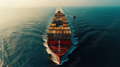 A large container ship sailing on the sea, with cargo containers stacked high and blue water in front of it