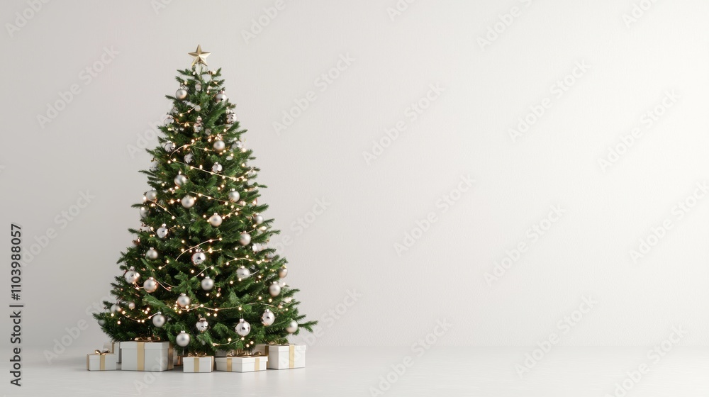 Illuminated Christmas Tree with Ornaments and Garlands in 3D Render on Isolated White Background - Festive Spirit Holiday Concept Illuminated Christmas Tree with Ornaments and Garlands in 3D Render on Isolated White Background - Festive Spirit Holiday Concept