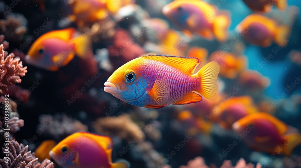 Vibrant orange and purple fish schooling near coral reef. Vibrant orange and purple fish schooling near coral reef.