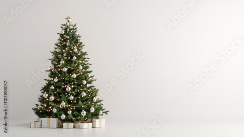 Illuminated Christmas Tree with Ornaments and Garlands in 3D Render on Isolated White Background - Festive Spirit Holiday Concept
