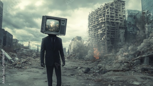 A man in a black suit with a tv as a head entering in a post apocalyptic world 