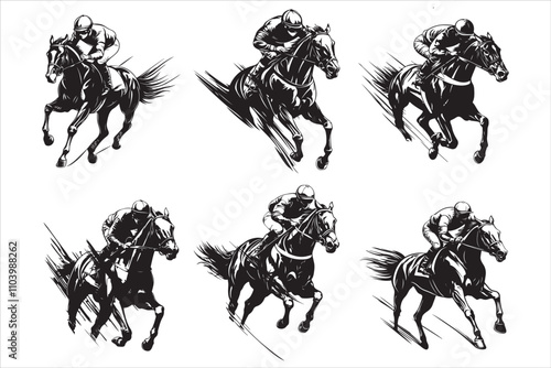 Set of Horse racing silhouettes, horse, silhouette, vector, animal, illustration, rider, riding, black, sport, isolated, jockey, race, white, equestrian, cowboy, running, art, stallion, farm, gallop, 