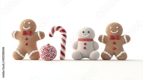 Festive Holiday Plush Ornament Collection with Candy Canes and Gingerbread Men - 3D Render Illustration on Isolated White Background
