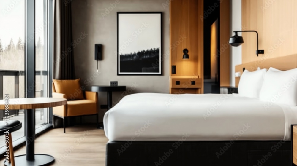 Modern hotel room interior with large bed, wooden furniture, artwork, and large windows offering natural light and forest view. Modern hotel room interior with large bed, wooden furniture, artwork, and large windows offering natural light and forest view.