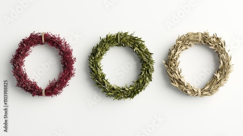 Festive Holiday Wreaths Collection - Colorful 3D Render with Natural Materials on White Background for Decor and Design Projects