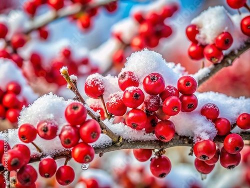 Winterberries on Bare Tree Twigs Covered in Snow - A Close-Up of Ilex Verticillata in a Serene Winter Landscape with Snowy Background and Vibrant Red Berries