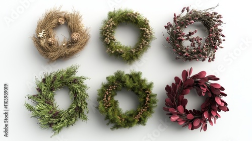 Holiday Wreath Collection: Vibrant Natural Decor on White Background | Ultra-Detailed 3D Render Illustration