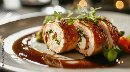 Gourmet baked chicken roulade with goat cheese and herbs elegantly presented on fine dining plate