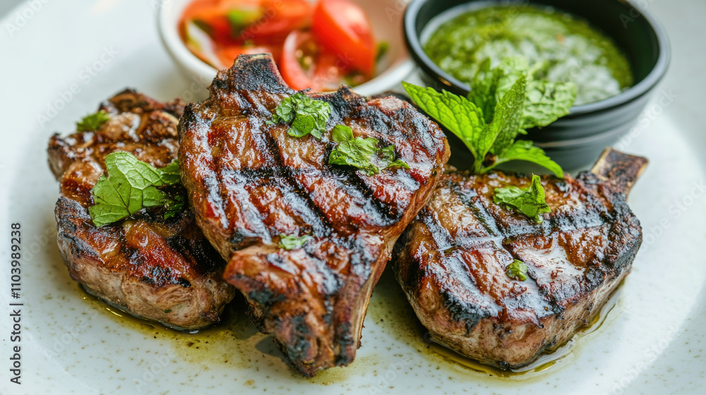 Grilled lamb chops served with mint sauce in a fine dining restaurant setting Grilled lamb chops served with mint sauce in a fine dining restaurant setting