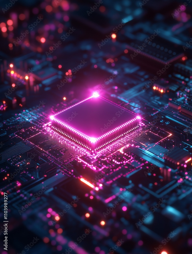 A purple light shines on the chip, which is reflected in an illustration of two small white squares stacked on top of each other. the background features circuit boards and dark blue tones A purple light shines on the chip, which is reflected in an illustration of two small white squares stacked on top of each other. the background features circuit boards and dark blue tones