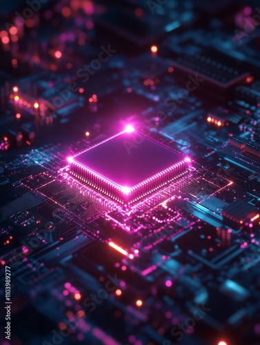 A purple light shines on the chip, which is reflected in an illustration of two small white squares stacked on top of each other. the background features circuit boards and dark blue tones