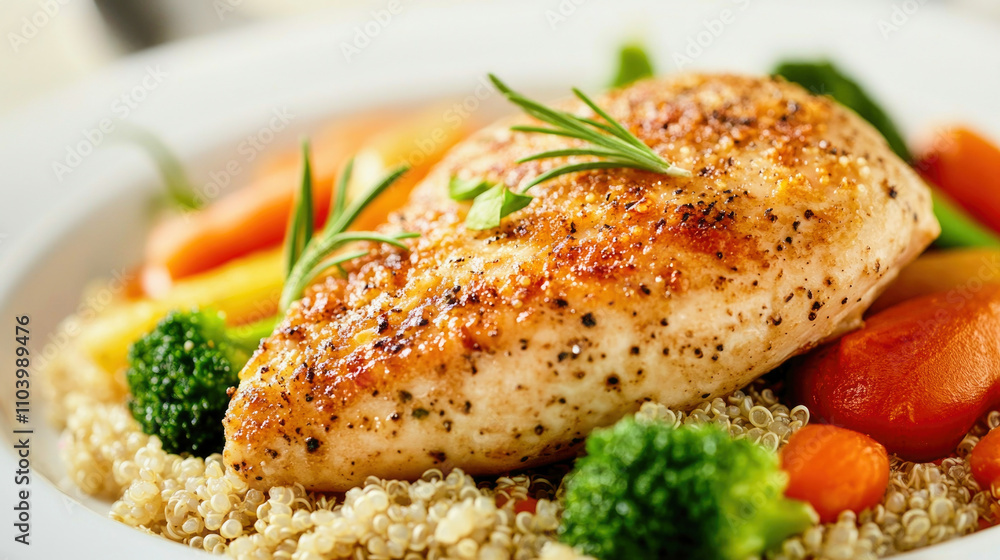Juicy baked chicken breast with crispy skin served on quinoa and steamed vegetables Juicy baked chicken breast with crispy skin served on quinoa and steamed vegetables