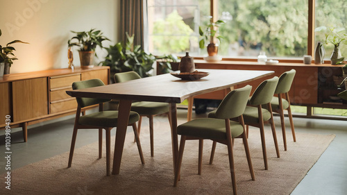 Modern dining room with green chairs and a wooden table. Generative Ai.