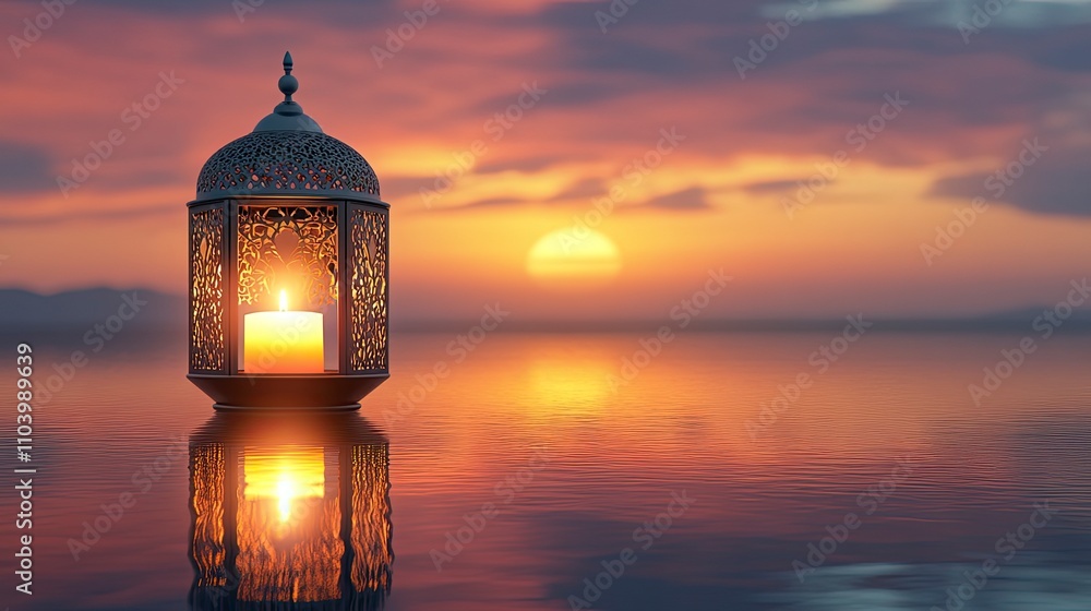 Muslim Holy Month Ramadan Kareem - Hias Arab Lantern Dengan Burning Candle Glowing At Evening Muslim Holy Month Ramadan Kareem - Hias Arab Lantern Dengan Burning Candle Glowing At Evening
