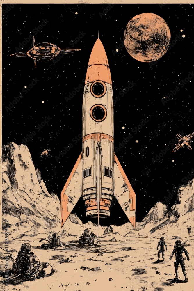 Naklejka premium A retro futurist illustration of a sci-fi rocket standing on a surface of an unknown planet, spacemen in the foreground, space station in the skies above