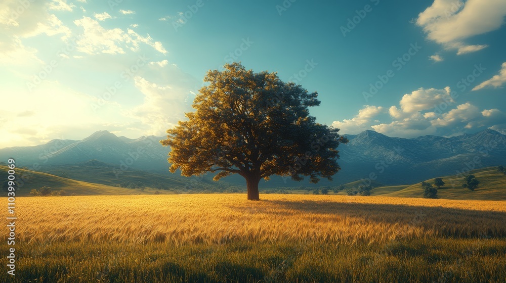 A single tree stands in the middle of an endless wheat field, with mountains and a blue sky behind it A single tree stands in the middle of an endless wheat field, with mountains and a blue sky behind it