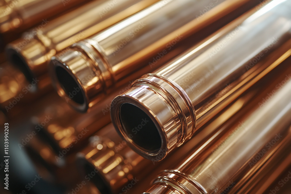 Naklejka premium Contemporary heating system installation, copper pipes arrangement, industrial detail.