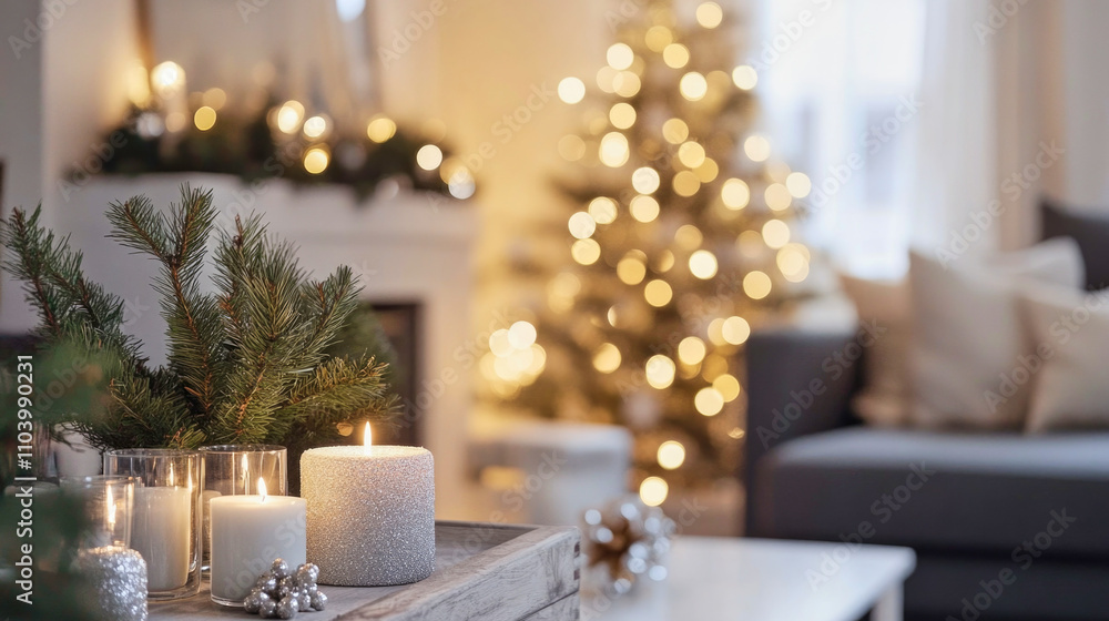 Softly blurred Scandinavian living room adorned with festive holiday decor and warm lighting Softly blurred Scandinavian living room adorned with festive holiday decor and warm lighting