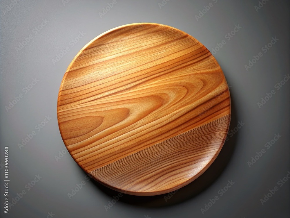 Wooden Round Plate Displayed on a Grey Background, Showcasing Natural Texture and 3D Render Techniques for Elegant Tableware Photography Wooden Round Plate Displayed on a Grey Background, Showcasing Natural Texture and 3D Render Techniques for Elegant Tableware Photography