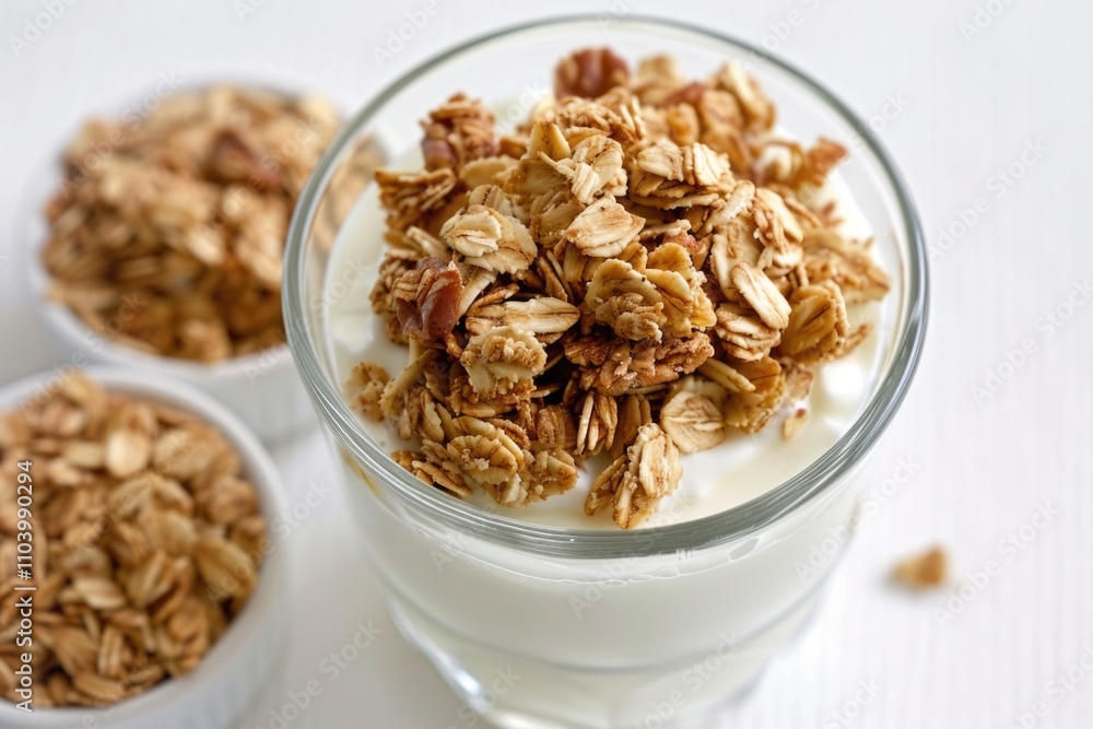 A glass of yogurt topped with granola and nuts for a healthy snack or breakfast A glass of yogurt topped with granola and nuts for a healthy snack or breakfast