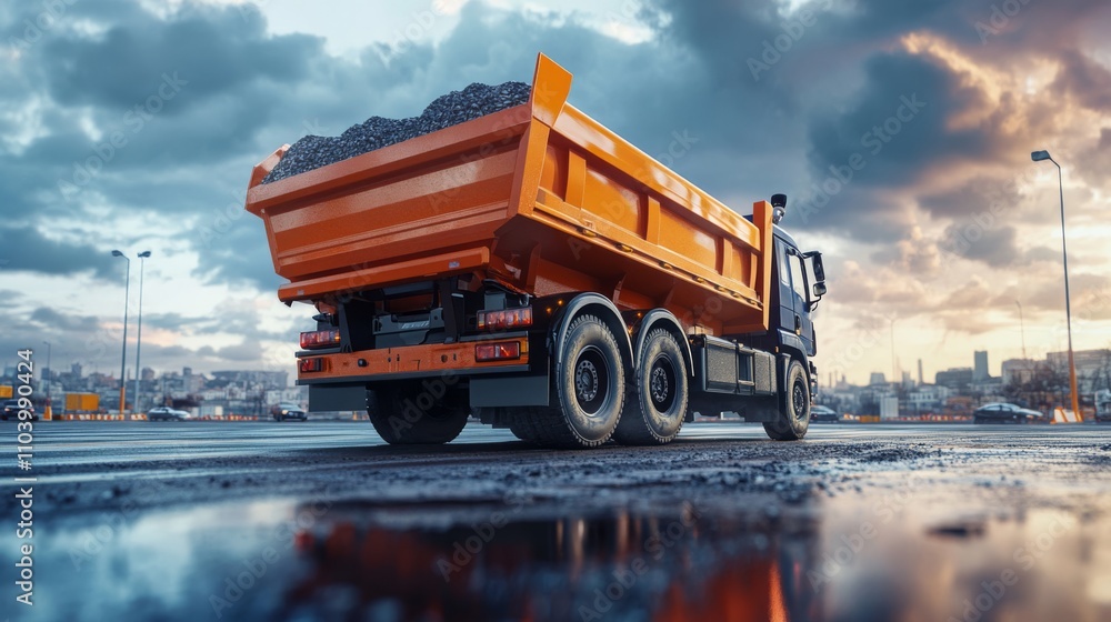 A tipper truck, on a large parking, lot with pylons, driving safety training, realistic
