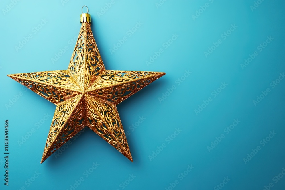 Obraz premium Golden Christmas star ornament on blue background