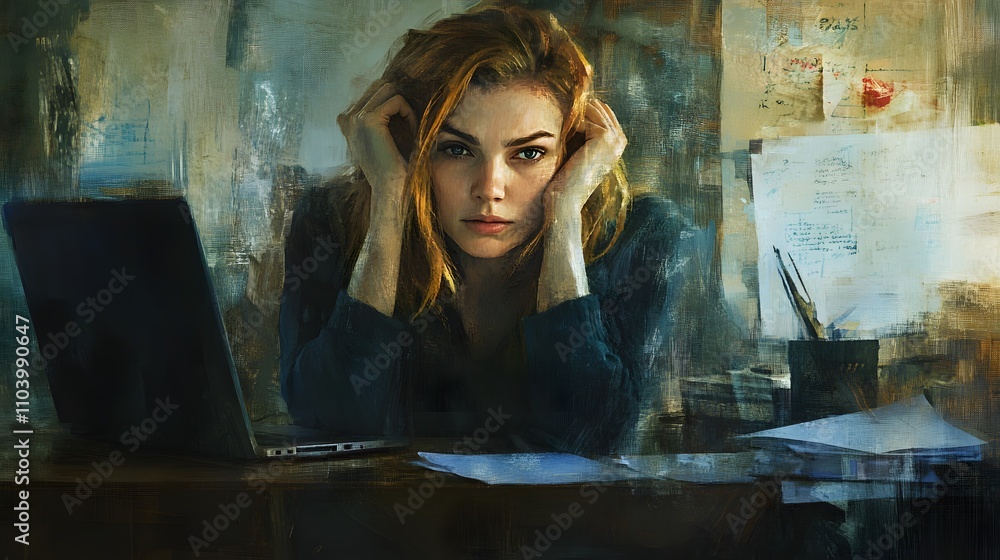 Young Woman Contemplative at Her Desk Working Young Woman Contemplative at Her Desk Working