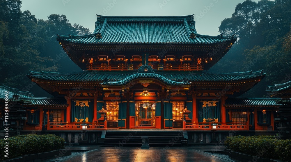 A traditional Japanese temple illuminated at dusk, showcasing intricate architecture and serene surroundings. A traditional Japanese temple illuminated at dusk, showcasing intricate architecture and serene surroundings.