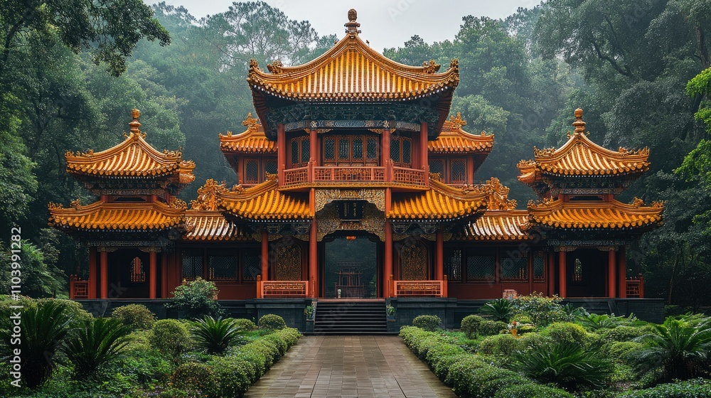 A traditional Asian-style building surrounded by lush greenery in a misty forest. A traditional Asian-style building surrounded by lush greenery in a misty forest.
