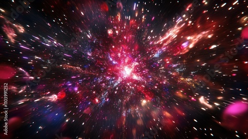 Multiple fireworks exploding at once, creating a chaotic but beautiful burst of light photo