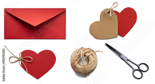 Foto Set for congratulations on Valentine's Day: red envelope, red heart with string, two hearts together, ball of string and vintage scissors on isolated transparent background